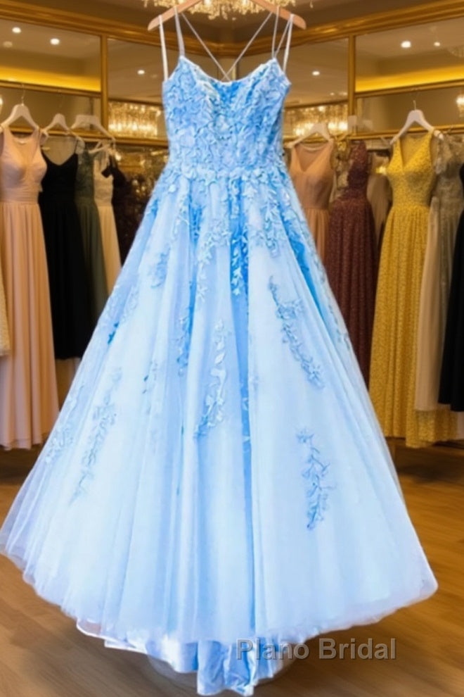 Spaghetti Straps Backless Blue Lace Formal Prom Dresses, Open Back Blue Lace Formal Evening Dresses Main image