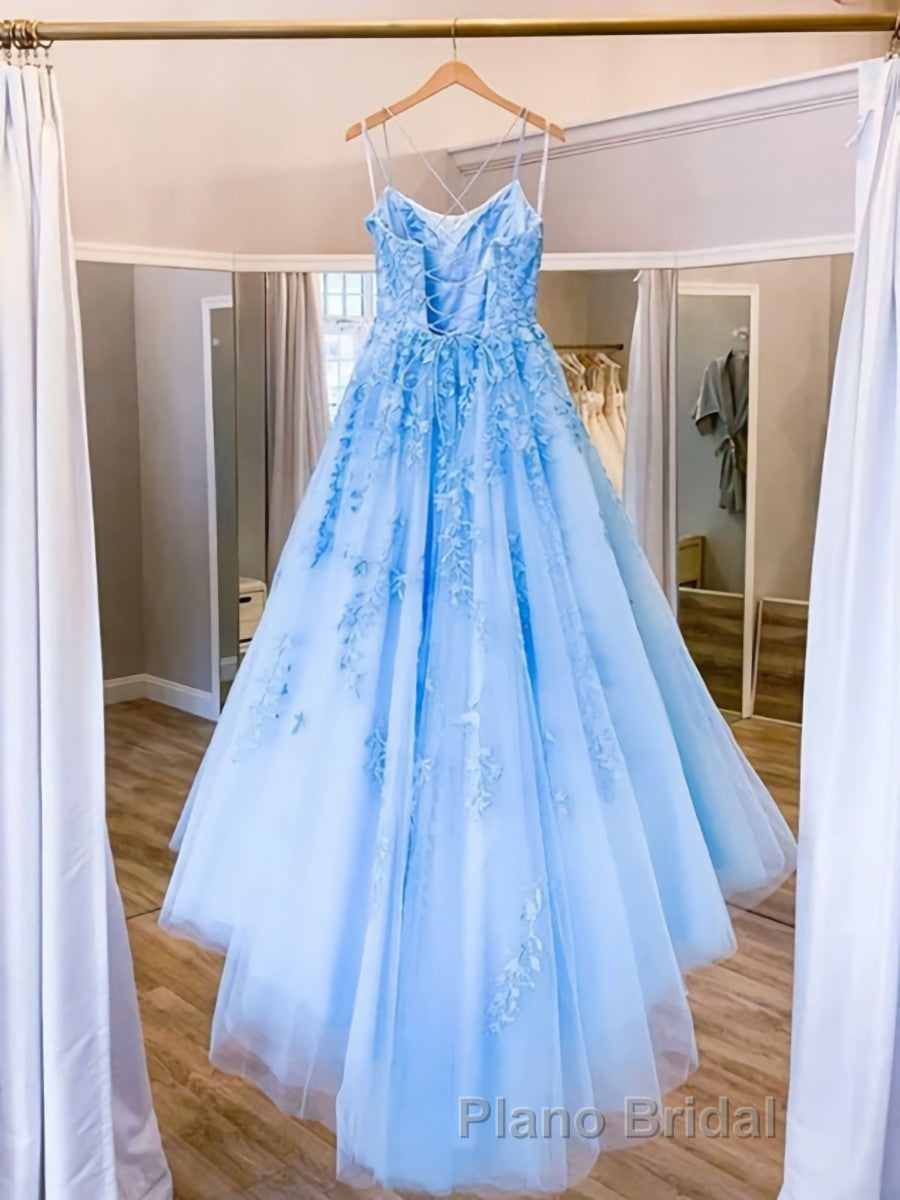 Spaghetti Straps Backless Blue Lace Formal Prom Dresses, Open Back Blue Lace Formal Evening Dresses Secondary image