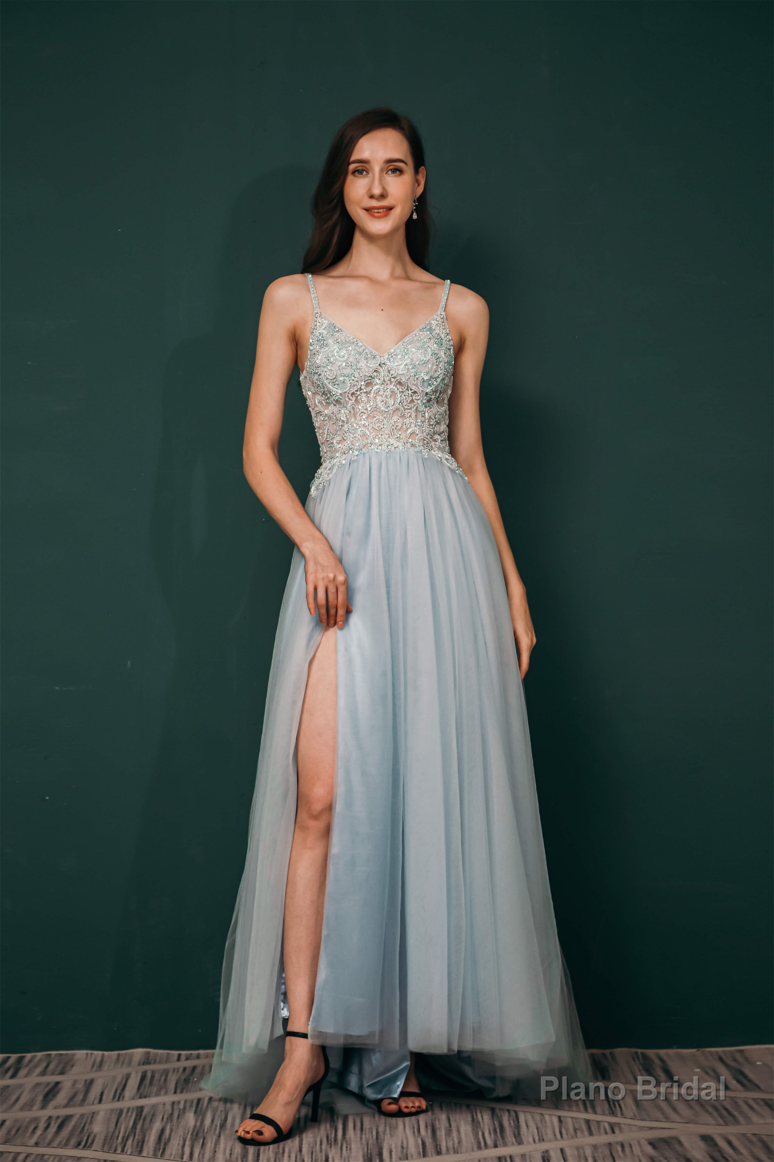 Spaghetti Straps Beading Front Split Long Sky Blue Prom Dresses Main image