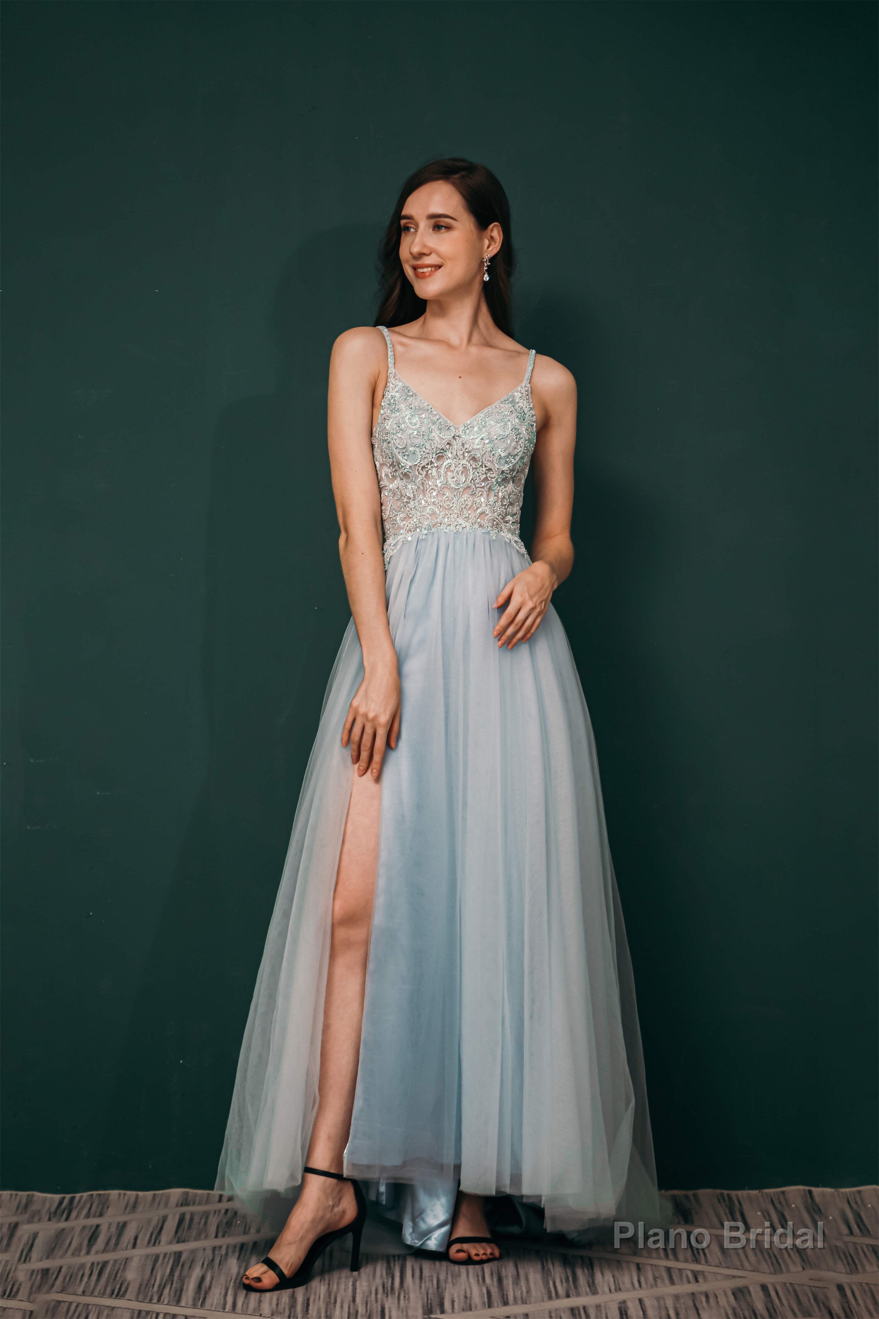 Spaghetti Straps Beading Front Split Long Sky Blue Prom Dresses Secondary image