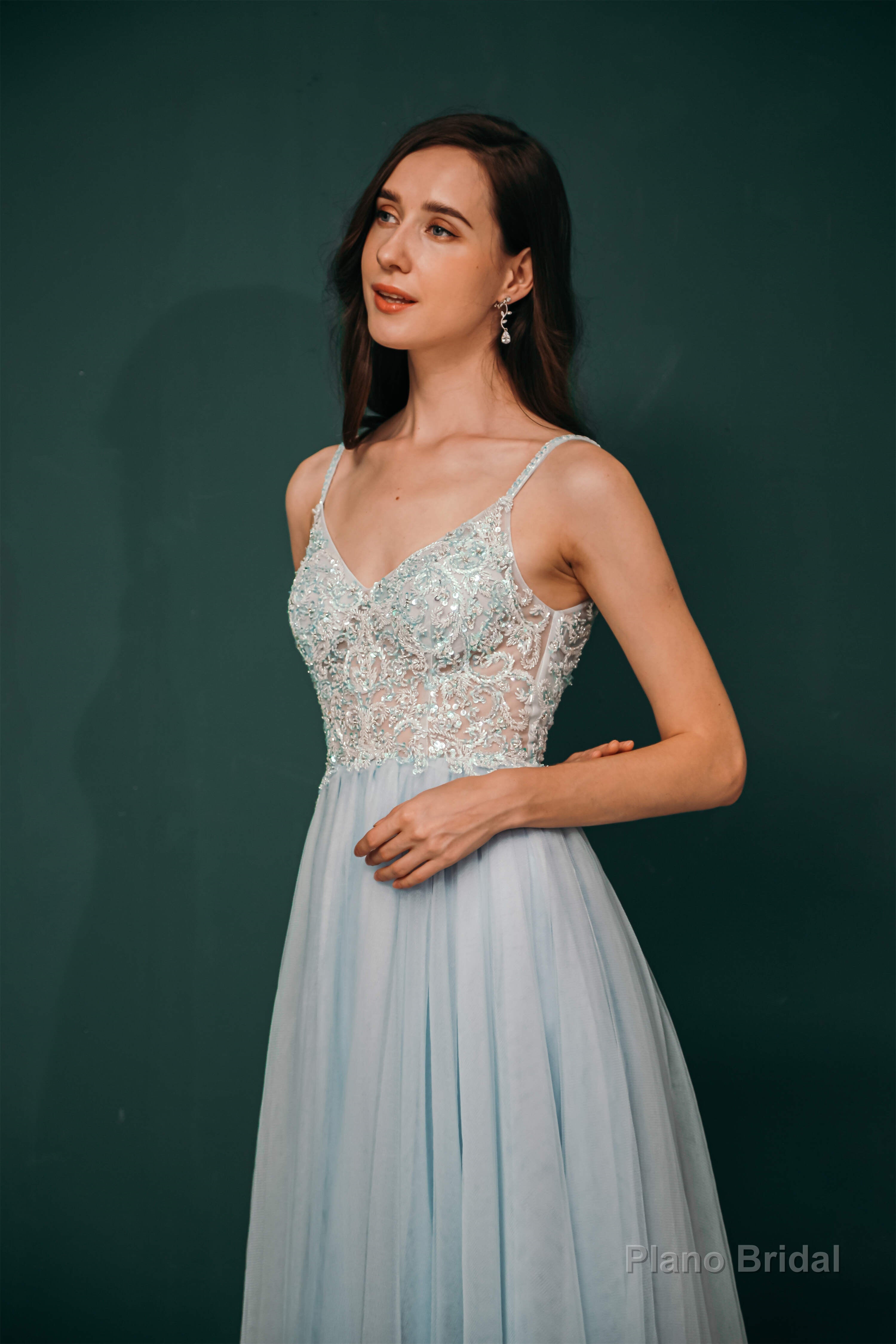 Spaghetti Straps Beading Front Split Long Sky Blue Prom Dresses