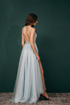 Spaghetti Straps Beading Front Split Long Sky Blue Prom Dresses