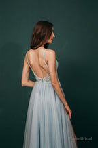 Spaghetti Straps Beading Front Split Long Sky Blue Prom Dresses