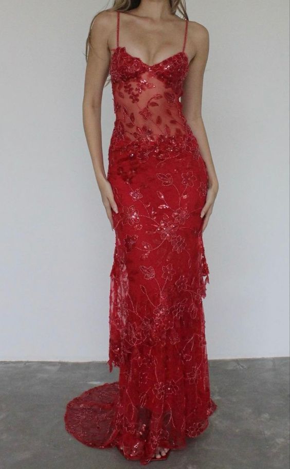 Spaghetti Straps Birthday Party Dresses Red Lace Formal Prom Dresses