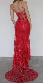 Spaghetti Straps Birthday Party Dresses Red Lace Formal Prom Dresses