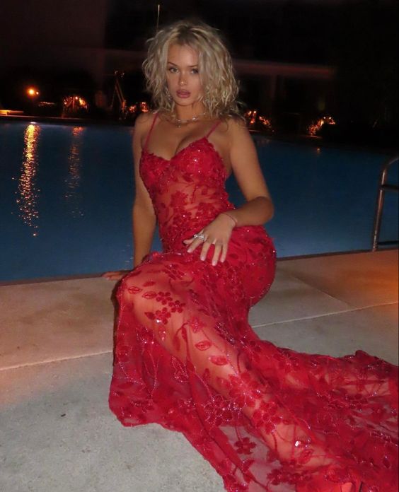 Spaghetti Straps Birthday Party Dresses Red Lace Formal Prom Dresses Main image