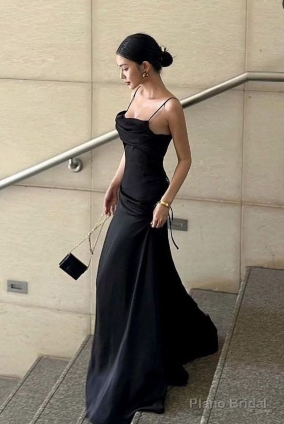 Spaghetti Straps Black A Line Long Prom Dresses Back Open