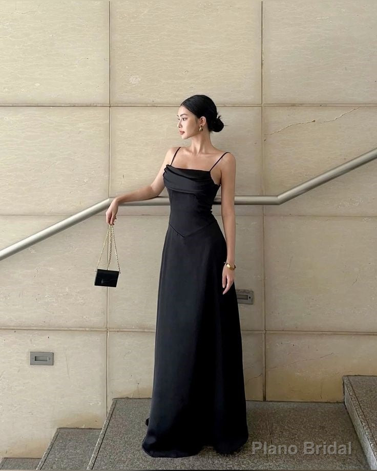 Spaghetti Straps Black A Line Long Prom Dresses Back Open Main image