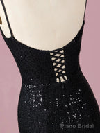 Spaghetti Straps Black Sequin Prom Dress Mermaid Skirt