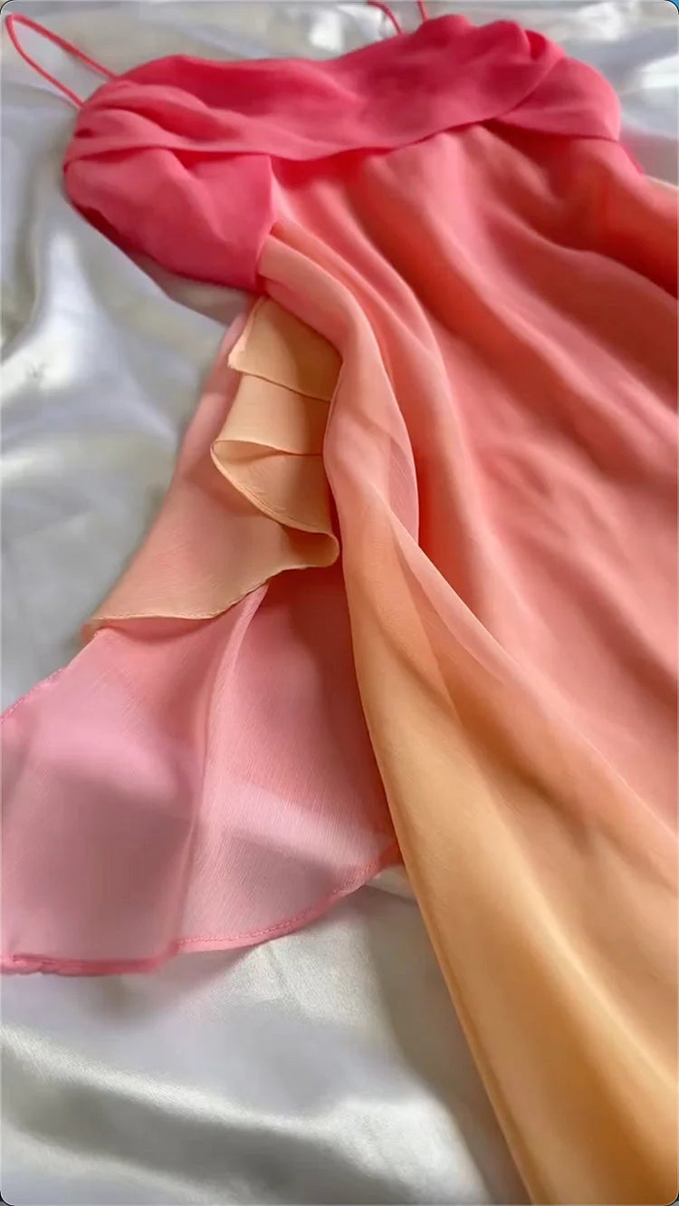 Blue/Orange Fashion Gradient Elegant Spaghetti Strap Long Chiffon Formal Prom Dresses Formal Evening Dresses Party Dresses