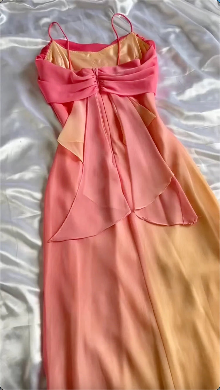 Blue/Orange Fashion Gradient Elegant Spaghetti Strap Long Chiffon Formal Prom Dresses Formal Evening Dresses Party Dresses