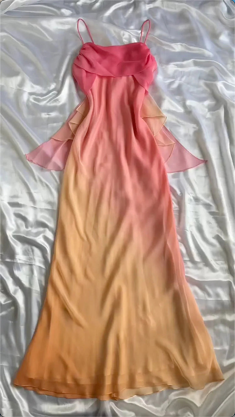Blue/Orange Fashion Gradient Elegant Spaghetti Strap Long Chiffon Formal Prom Dresses Formal Evening Dresses Party Dresses