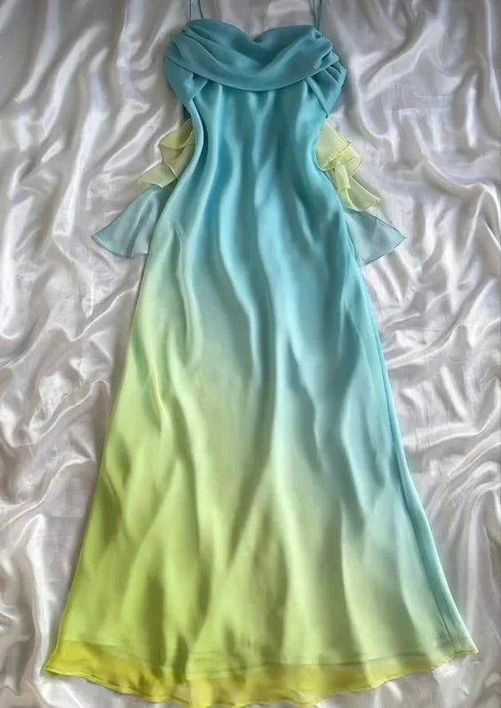 Blue/Orange Fashion Gradient Elegant Spaghetti Strap Long Chiffon Formal Prom Dresses Formal Evening Dresses Party Dresses