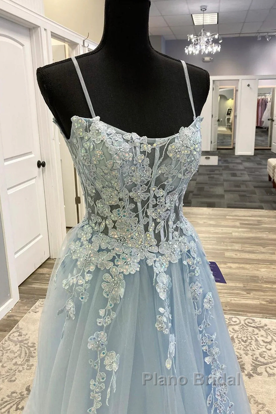 Spaghetti Straps Blue Lace Formal Prom Dresses, Blue Lace Long Formal Evening Dresses Secondary image