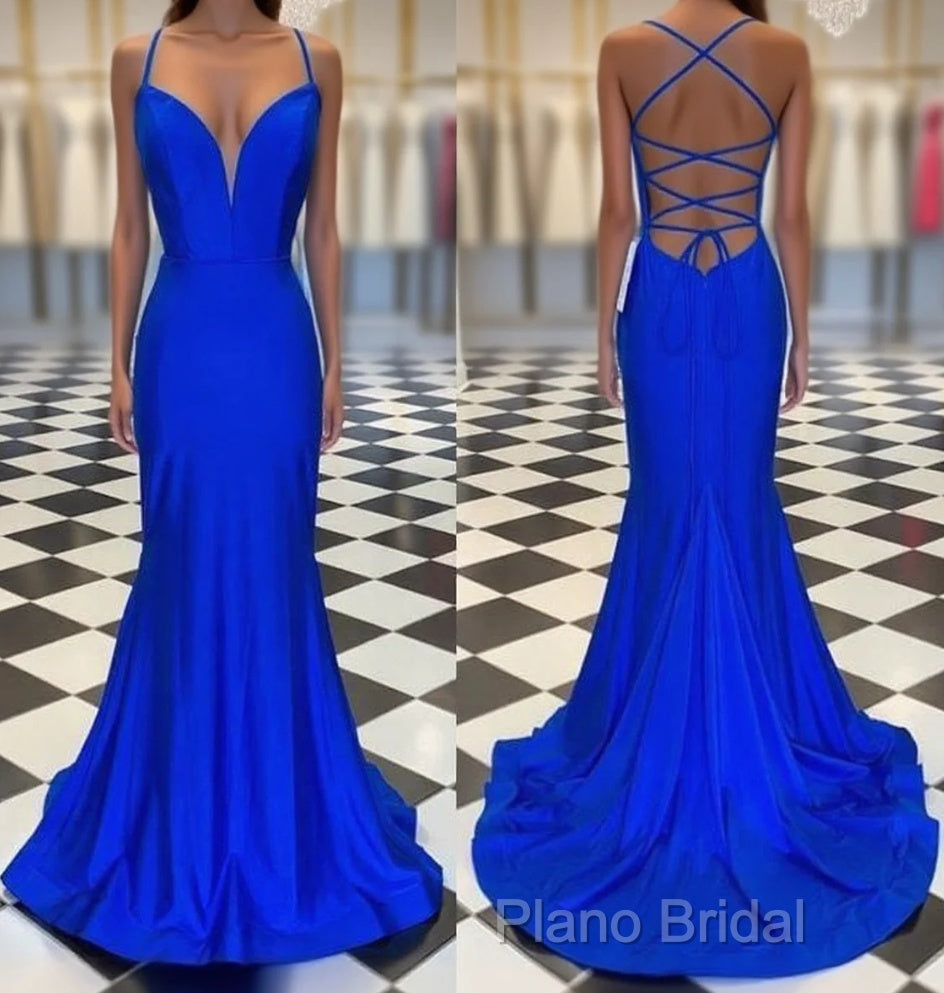 Spaghetti Straps Blue Satin Mermaid Formal Prom Dresses