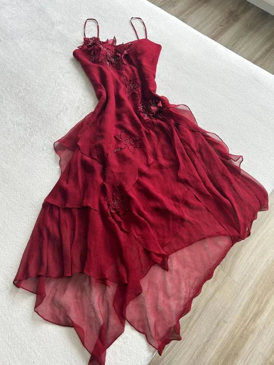 Burgundy Red Applique Spaghetti Straps Elegant And Charming A-Line Long Ruffled Chiffon Ball Gown Formal Evening Dresses Party Dresses Secondary image