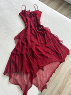 Burgundy Red Applique Spaghetti Straps Elegant And Charming A-Line Long Ruffled Chiffon Ball Gown Formal Evening Dresses Party Dresses