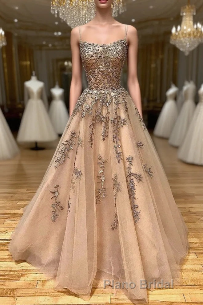 Spaghetti Straps Champagne Lace Tulle Long Formal Prom Dress, Champagne Lace Formal Evening Dress, Champagne Ball Gown Main image