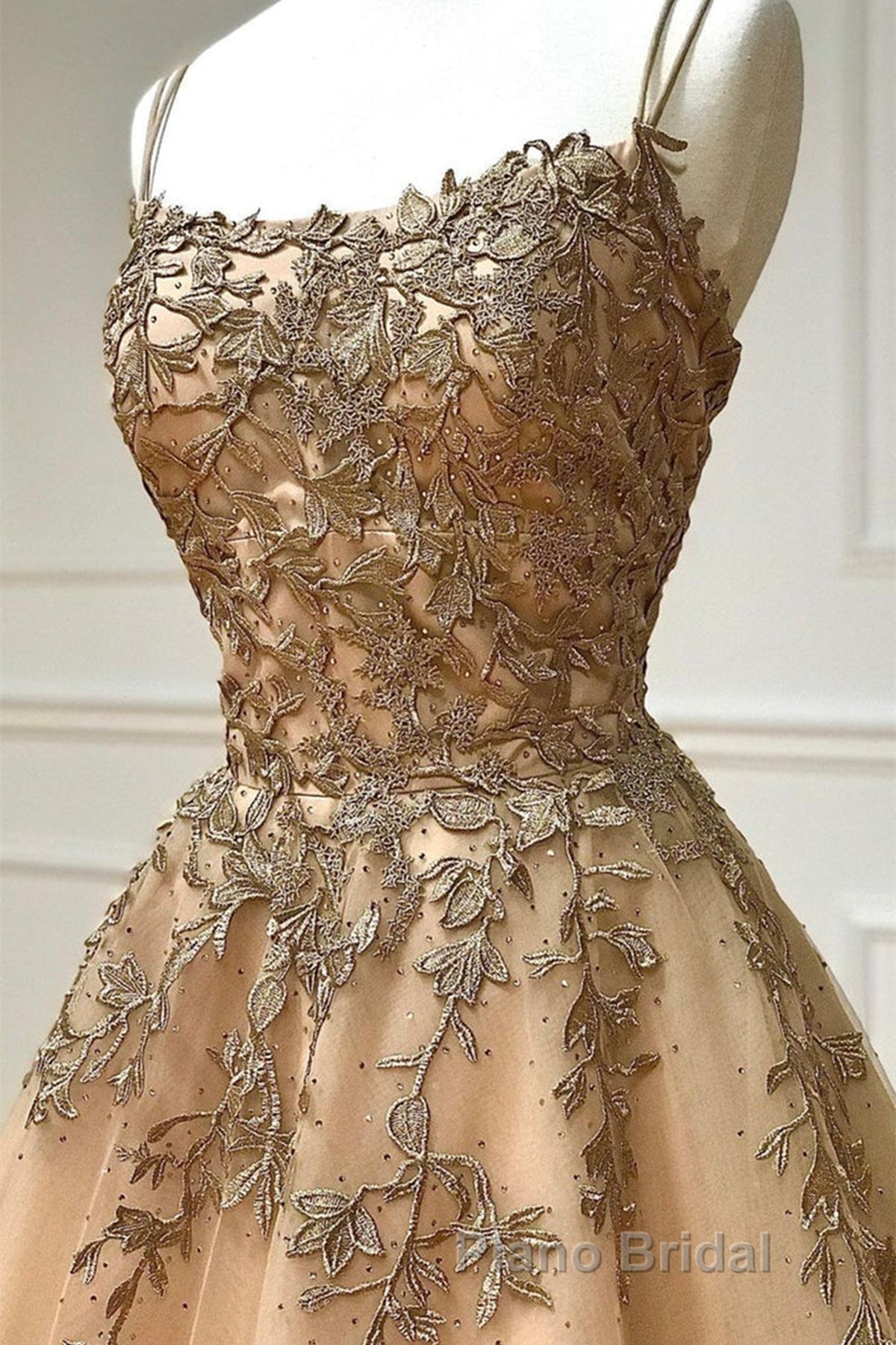Spaghetti Straps Champagne Lace Tulle Long Formal Prom Dress, Champagne Lace Formal Evening Dress, Champagne Ball Gown Secondary image