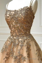 Spaghetti Straps Champagne Lace Tulle Long Formal Prom Dress, Champagne Lace Formal Evening Dress, Champagne Ball Gown