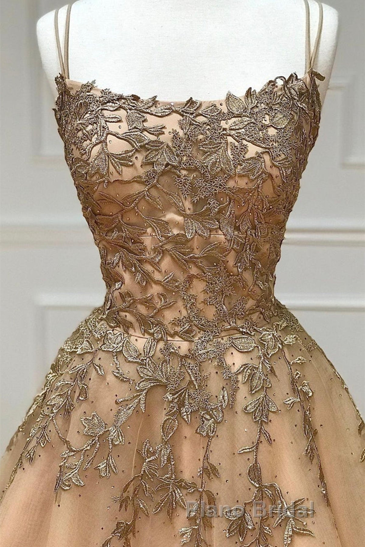 Spaghetti Straps Champagne Lace Tulle Long Formal Prom Dress, Champagne Lace Formal Evening Dress, Champagne Ball Gown