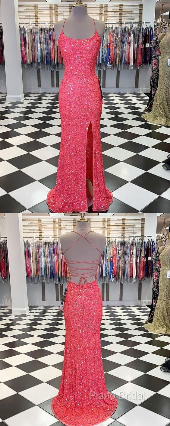 Spaghetti Straps Coral Pink Sequin Mermaid Formal Prom Dresses With Slit Secondary image
