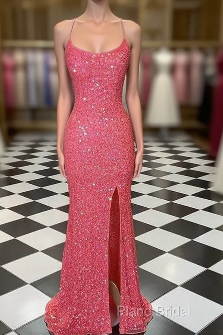 Spaghetti Straps Coral Pink Sequin Mermaid Formal Prom Dresses With Slit Main image