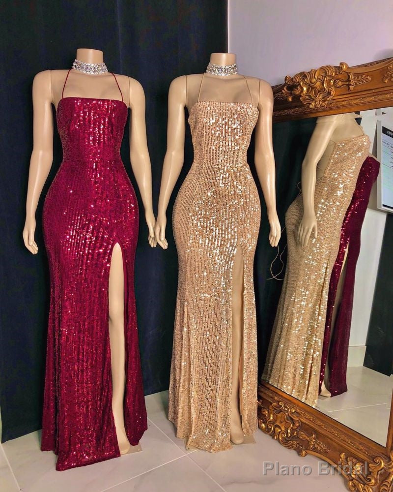 Spaghetti-straps Criss-cross Long Slit Sequins Mermaid Prom Dresses Main image