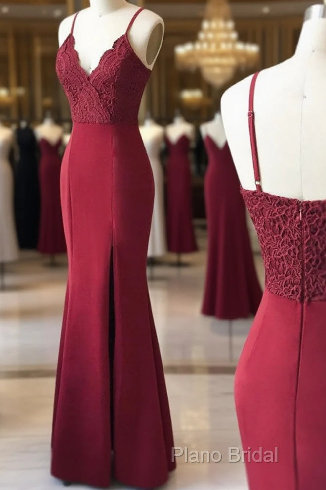 Spaghetti Straps Floor Length Burgundy Lace Formal Prom Dresses, Burgundy Lace Formal Bridesmaid Dresses Main image
