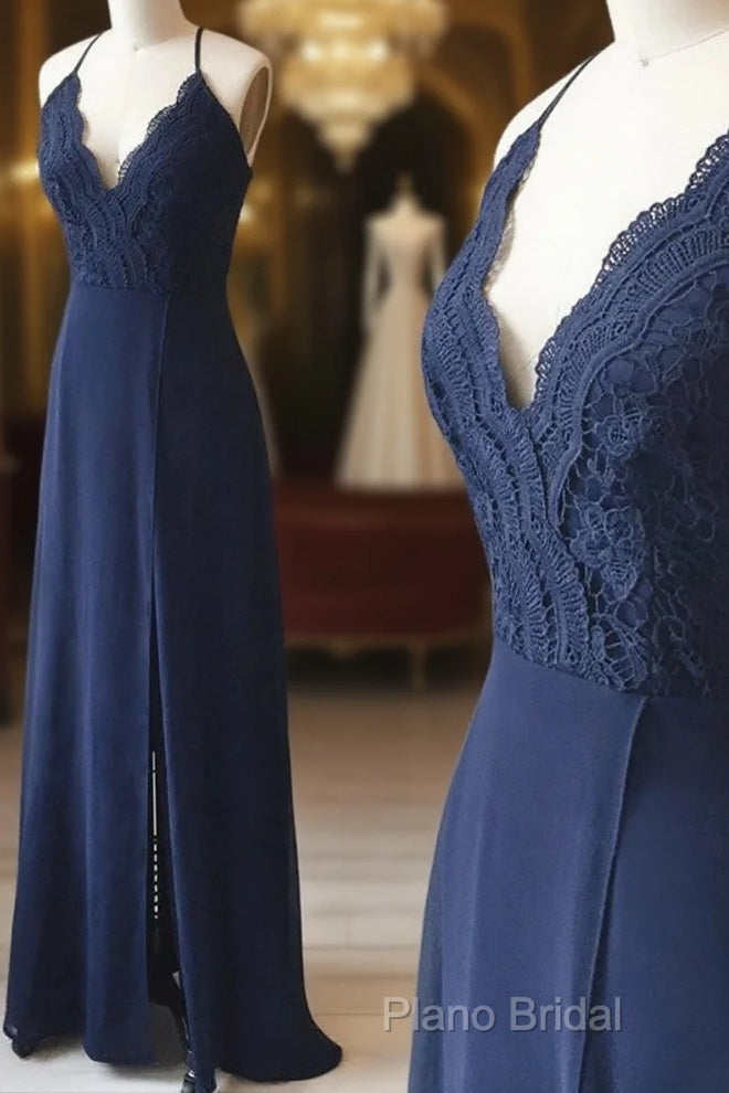 Spaghetti Straps Floor Length Navy Blue Lace Formal Prom Dresses, Navy Blue Lace Formal Bridesmaid Dresses Main image