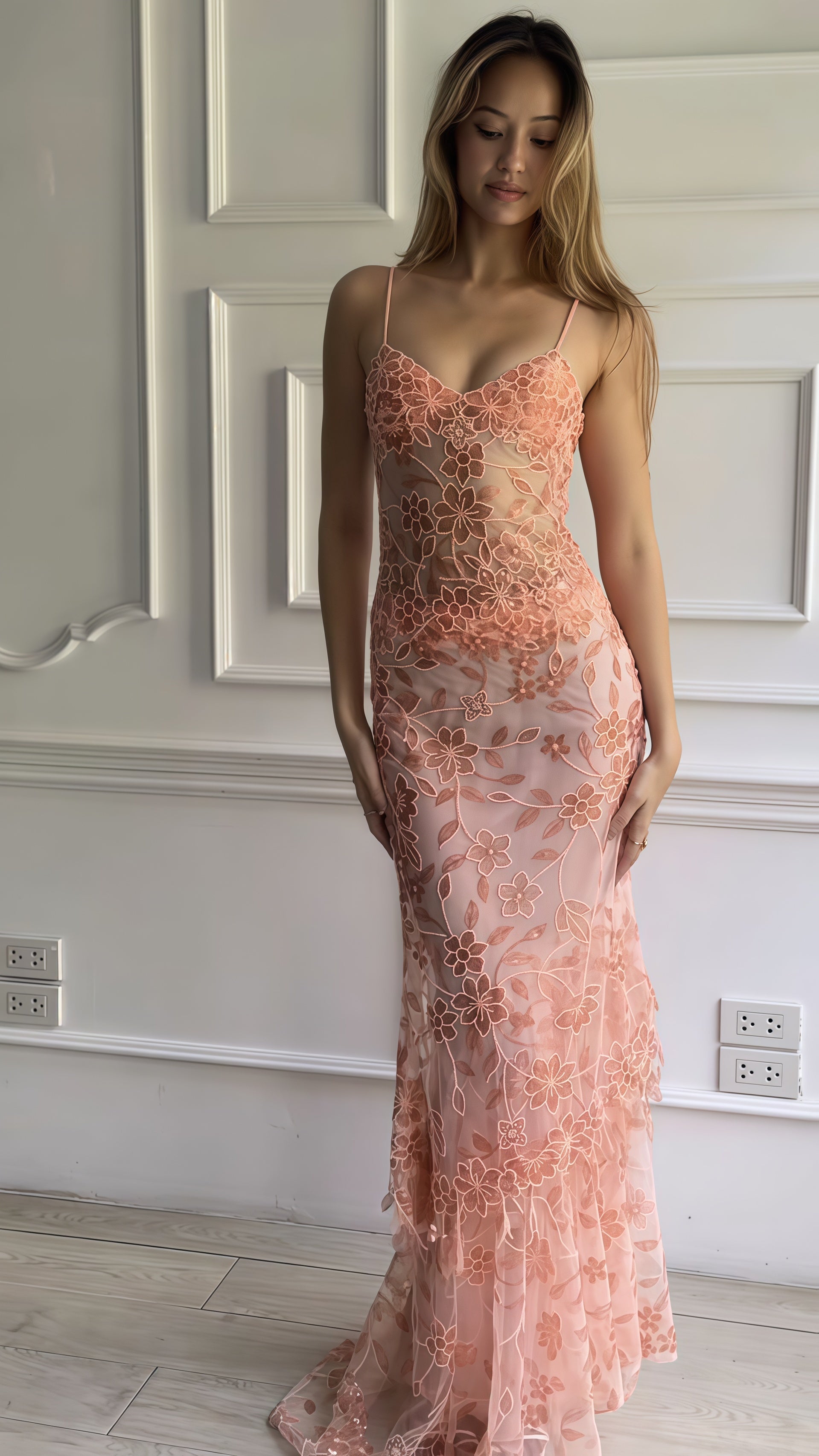 Spaghetti Straps Floral Party Dresses, Pink Formal Evening Formal Prom Dresses Secondary image