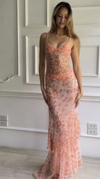 Spaghetti Straps Floral Party Dresses, Pink Formal Evening Formal Prom Dresses