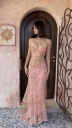Spaghetti Straps Floral Party Dresses, Pink Formal Evening Formal Prom Dresses