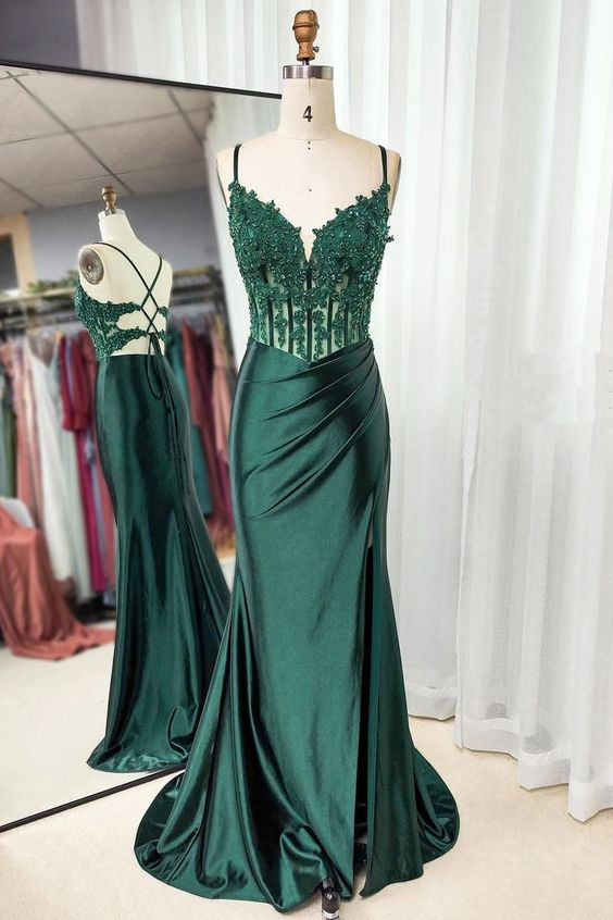 Spaghetti Straps Green Mermaid Formal Prom Dresses With Slit Satin Formal Dresses