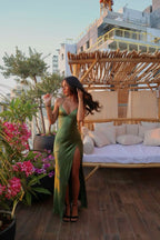 Spaghetti Straps Green Sexy Formal Prom Dresses Long Formal Evening Dresses With Split