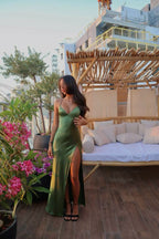 Spaghetti Straps Green Sexy Formal Prom Dresses Long Formal Evening Dresses With Split