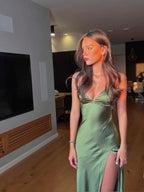 Spaghetti Straps Green Sexy Formal Prom Dresses Long Formal Evening Dresses With Split