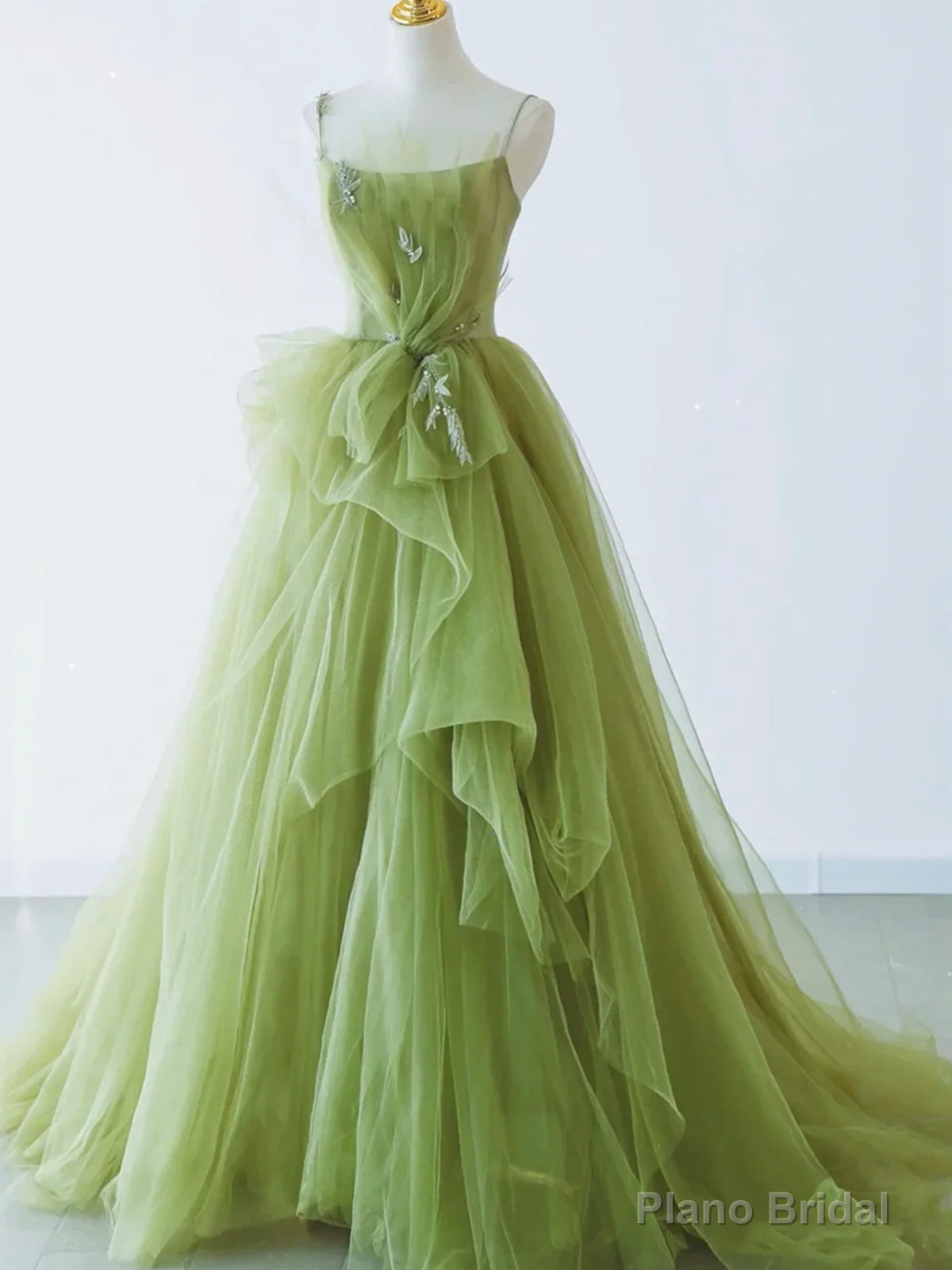 Spaghetti Straps Green Tulle Long Prom Dresses, Green Tulle Long Formal Evening Dresses