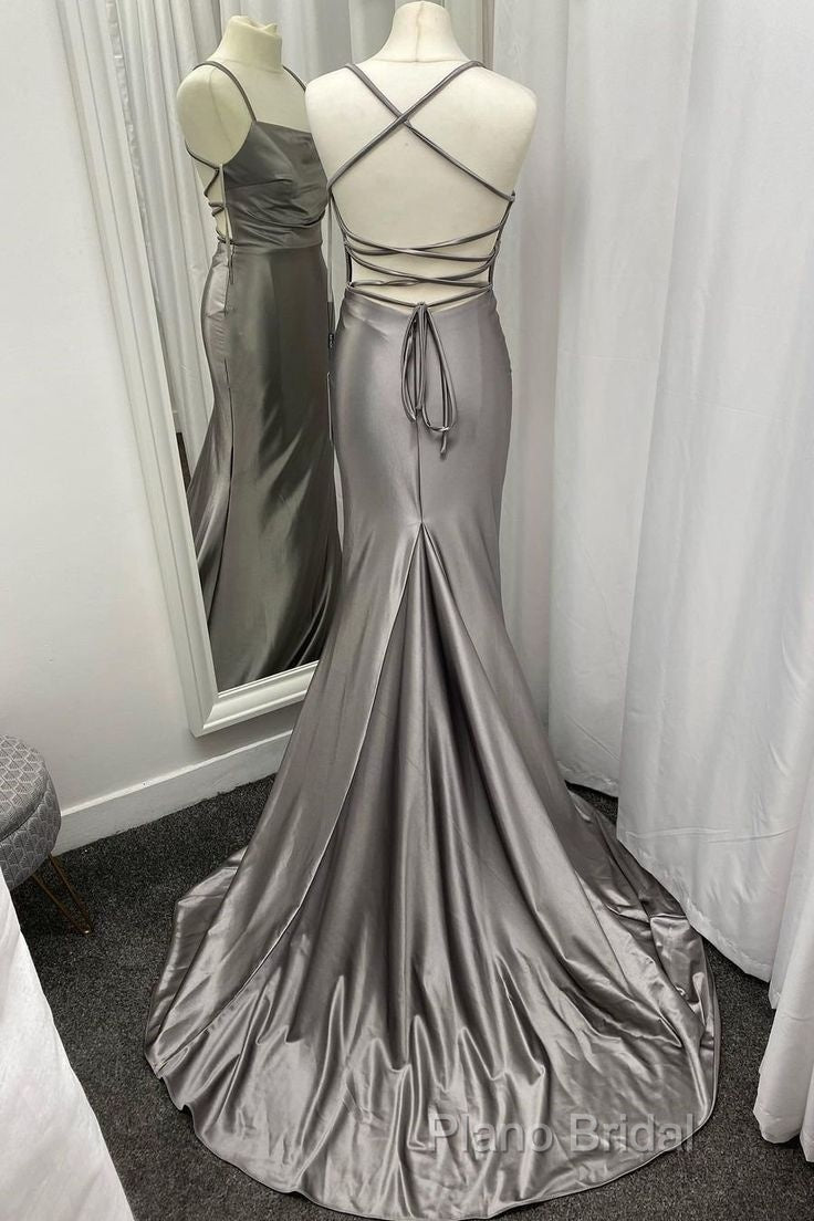 Spaghetti Straps Grey Mermaid Satin Long Formal Prom Dresses Secondary image