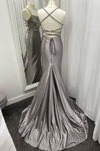 Spaghetti Straps Grey Mermaid Satin Long Formal Prom Dresses