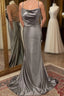 Spaghetti Straps Grey Mermaid Satin Long Formal Prom Dresses