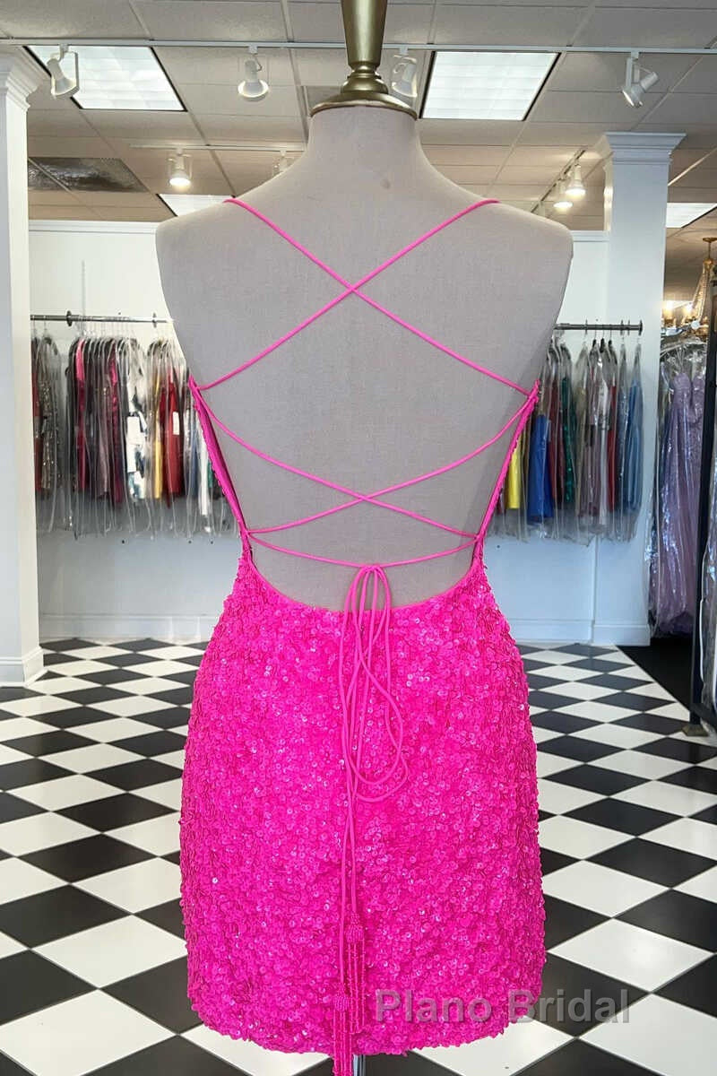 Spaghetti Straps Hot Pink Bodycon Mini Dresses,Graduation Dresses