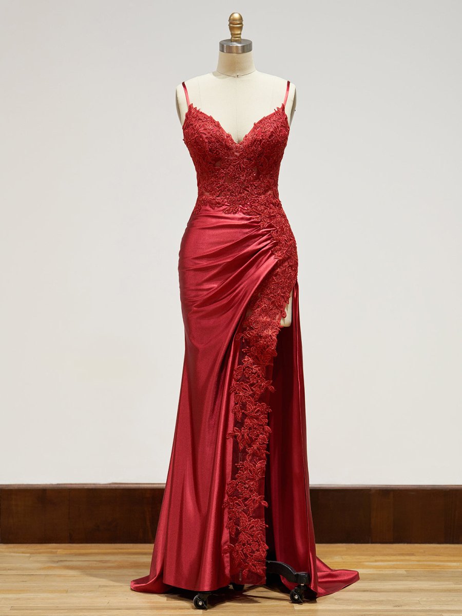 Spaghetti Straps Lace Bodice Long Prom Dress with Slit