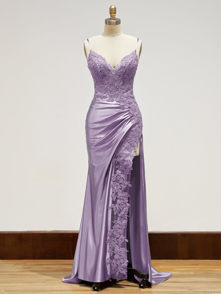 Spaghetti Straps Lace Bodice Long Prom Dress with Slit
