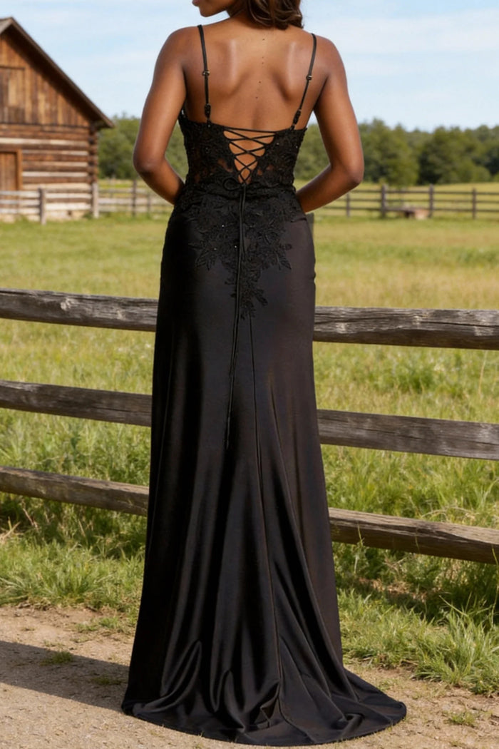 Spaghetti Straps Lace Bodice Long Prom Dress with Slit Secondary image