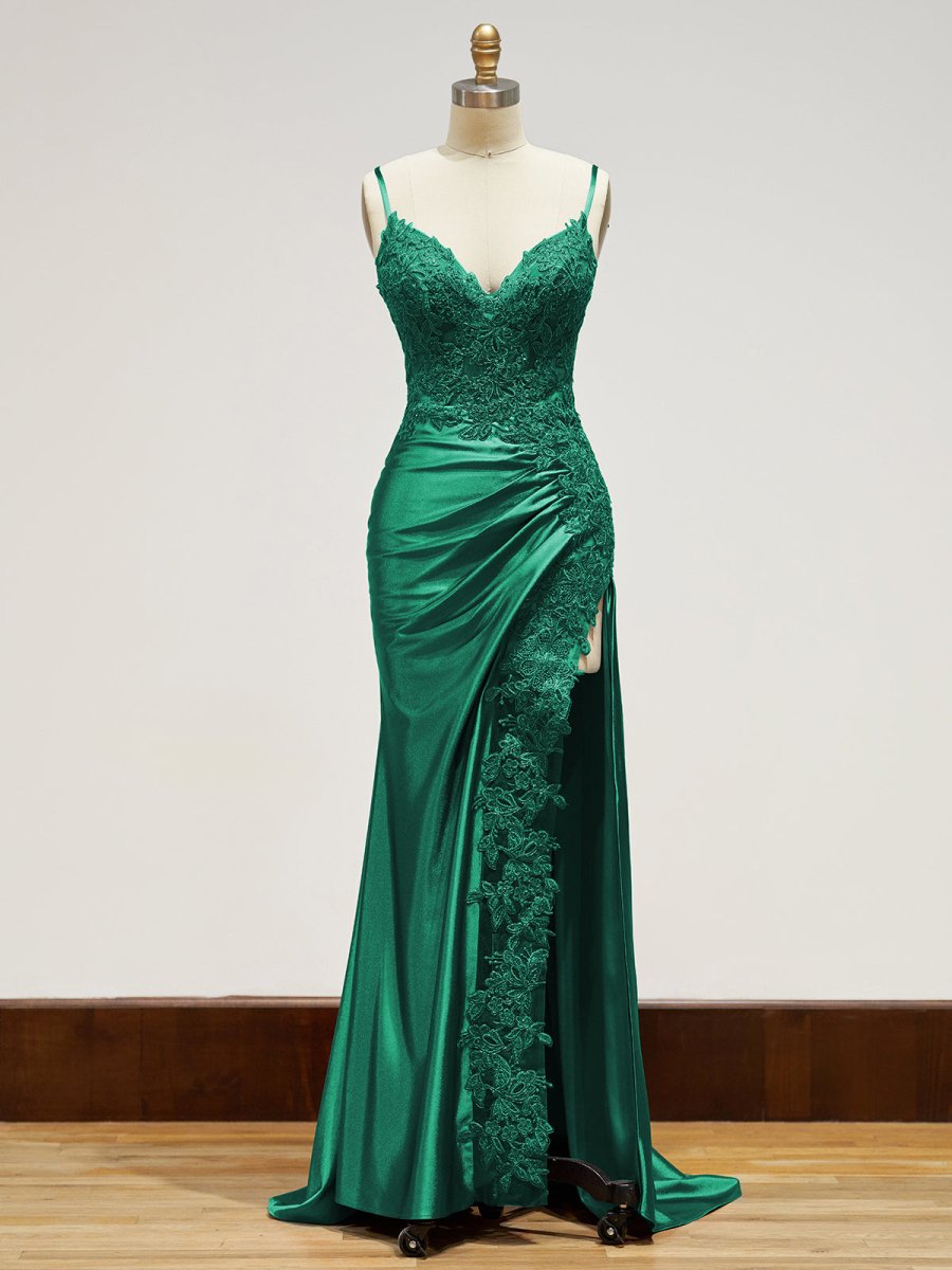 Spaghetti Straps Lace Bodice Long Prom Dress with Slit