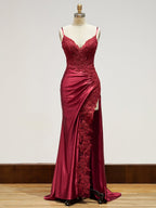 Spaghetti Straps Lace Bodice Long Prom Dress with Slit