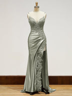 Spaghetti Straps Lace Bodice Long Prom Dress with Slit