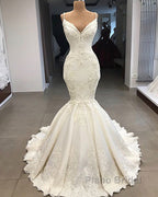 Spaghetti Straps Lace Fit and Flare Wedding Dresses Overskirt Appliques Detachable Satin Backless Bridal Gowns