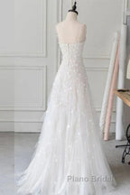Spaghetti Straps Lace Tulle Floor Length Beads Formal Prom Dresses Wedding Dresses With Flowers